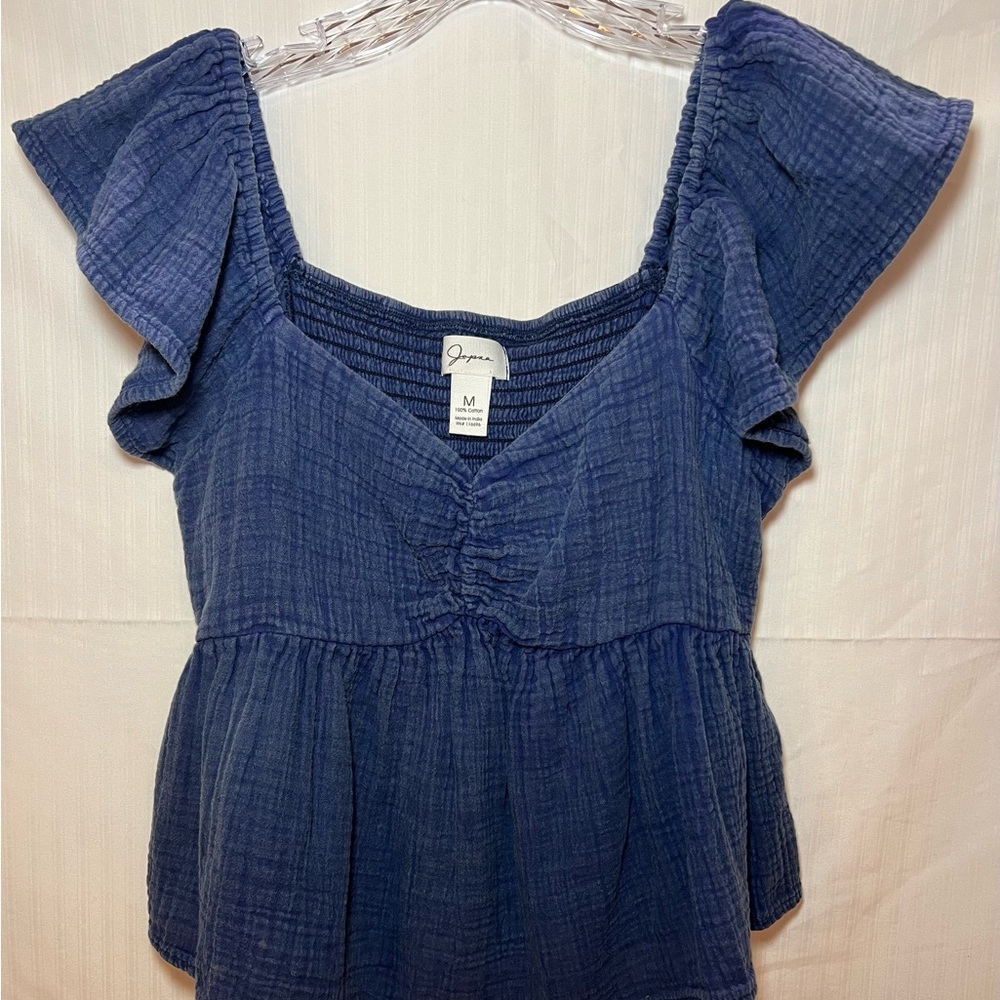 Jopna Boho Revival Ruffle Crop Top 100% Cotton Navy Blue Size M